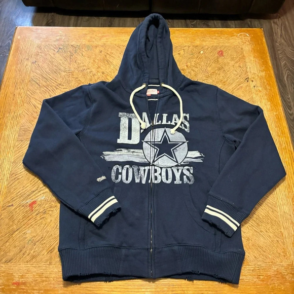 Mitchell & Ness Dallas Cowboys Size Medium full zip up Hoodie Blue Distressed - Picture 1 of 8